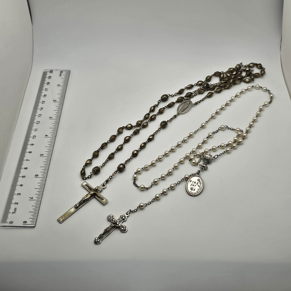 Two Vintage Catholic Rosary with Silvertone Beads.  One Possibly Antique.